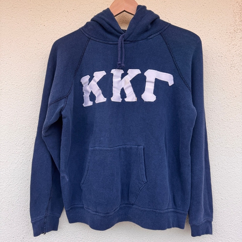 Vintage 60s KKG Sorority Fraternity Navy Blue Raglan Hoodie Distressed Size M - Picture 2 of 10